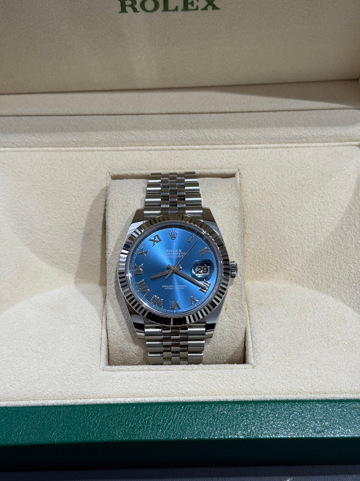 2022 Rolex DateJust 41 Blue Roman Dial Oyster 126334 White Gold Fluted Bezel